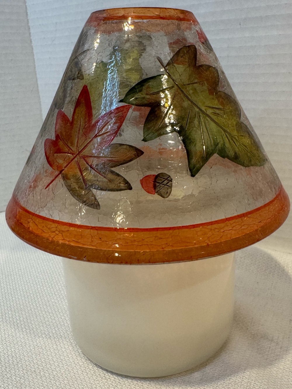 Vintage Yankee Candle Crackle Glass Candle Lamp Shade Fall Autumn Leaves Acorns